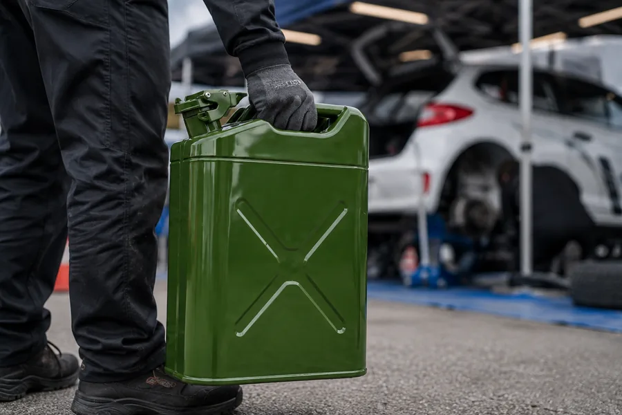 20L NATO Steel Fuel Can in use: Motorsport & recovery