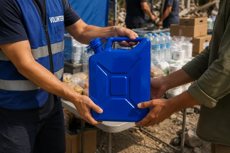 20L NATO Steel Water Can in use: Disaster relief