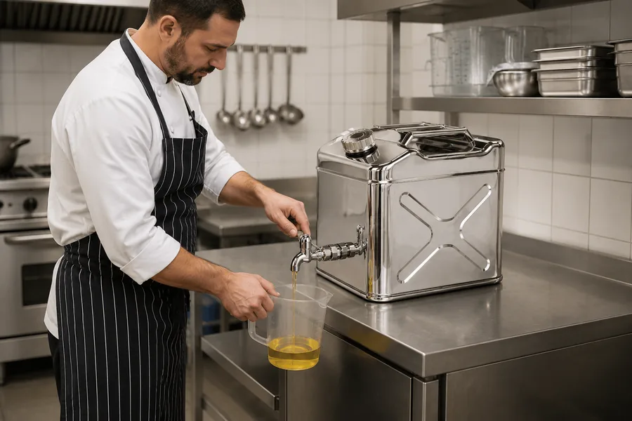 20L Stainless Dispensing Can with Tap in use: Food service decanting