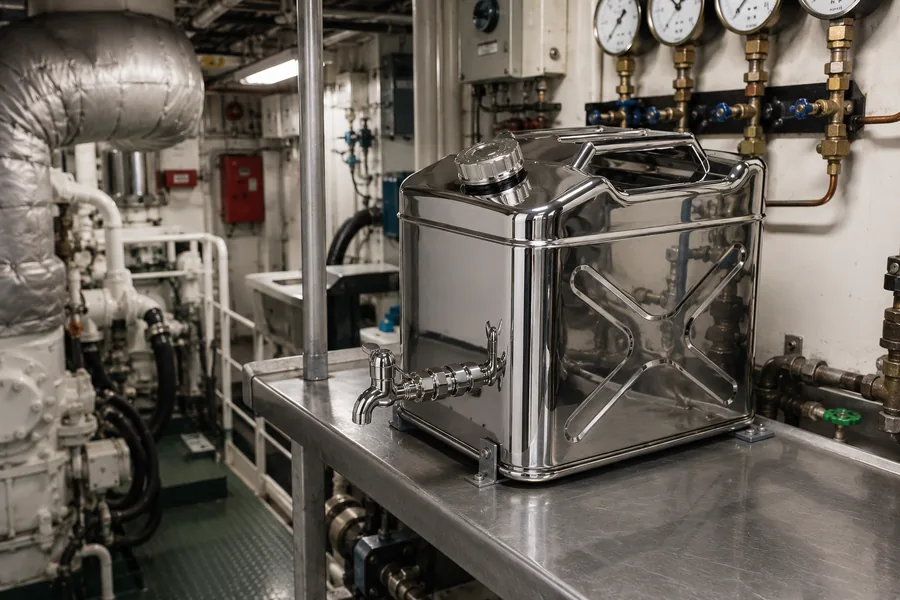 20L Stainless Dispensing Can with Tap in use: Marine engineering
