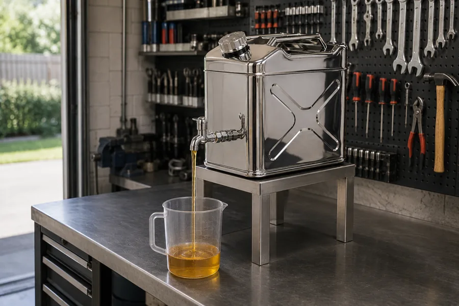 20L Stainless Dispensing Can with Tap in use: Workshops & garages