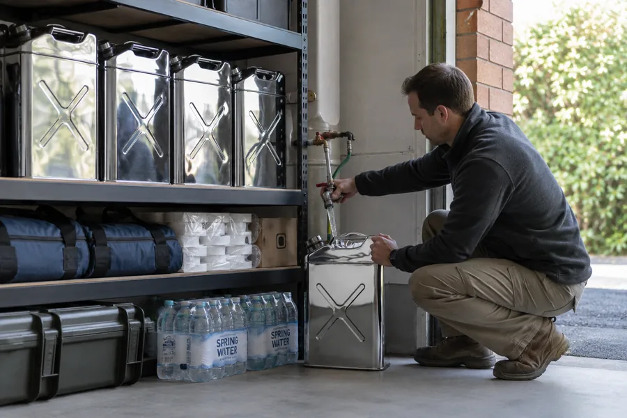 20L Stainless Steel Water Can in use: Emergency preparedness