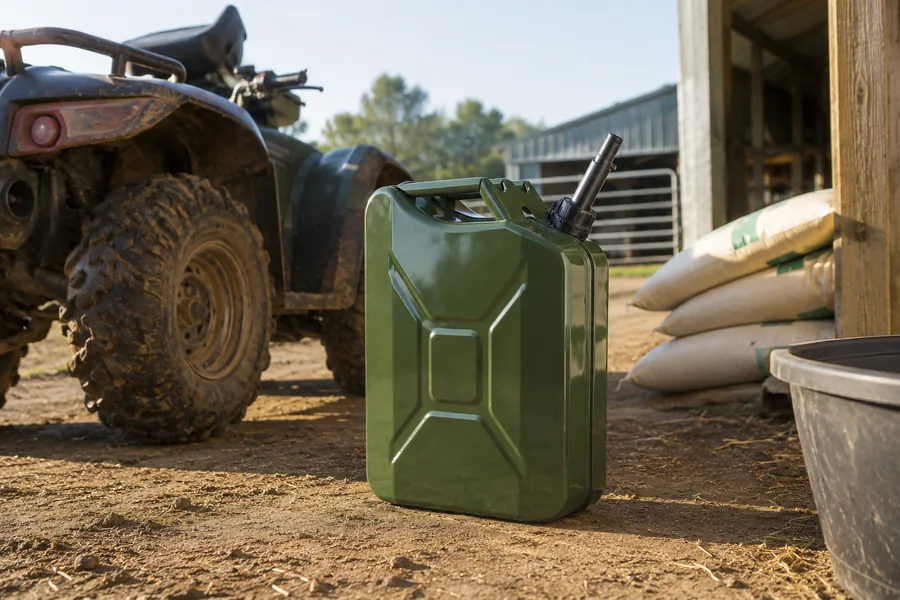 20L Steel Fuel Tank with Spout in use: Agriculture
