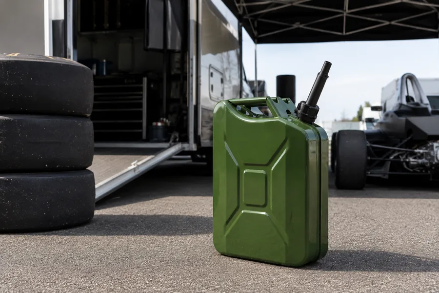 20L Steel Fuel Tank with Spout in use: Motorsport paddock