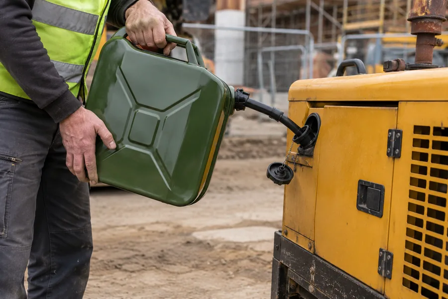 20L Steel Fuel Tank with Spout in use: Plant & generator refuelling