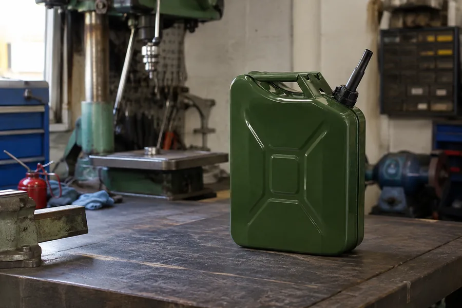 20L Steel Fuel Tank with Spout in use: Workshops