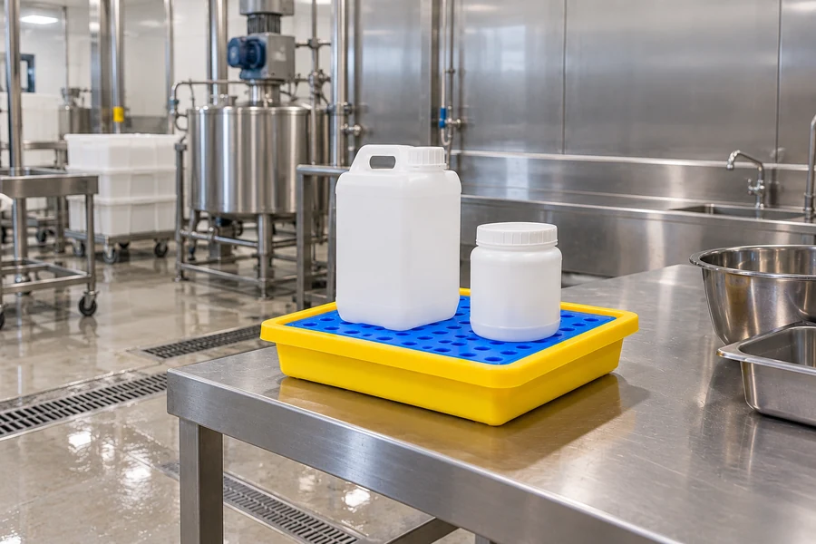 Bench Trays & Drip Trays in use: Food processing