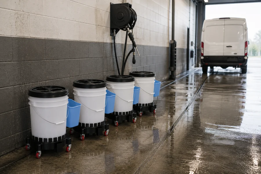 Car Wash Bucket System, 20L in use: Fleet wash bays