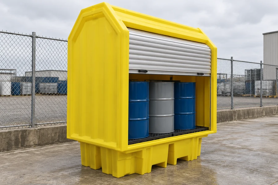 Covered Spill Pallets & Covers in use: Outdoor chemical stores