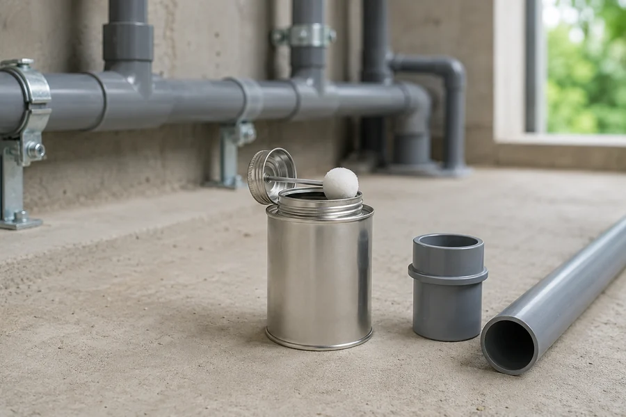 Dauber, Brush-in-Cap & Cone Top Tin Cans in use: PVC-U cement & pipe adhesive