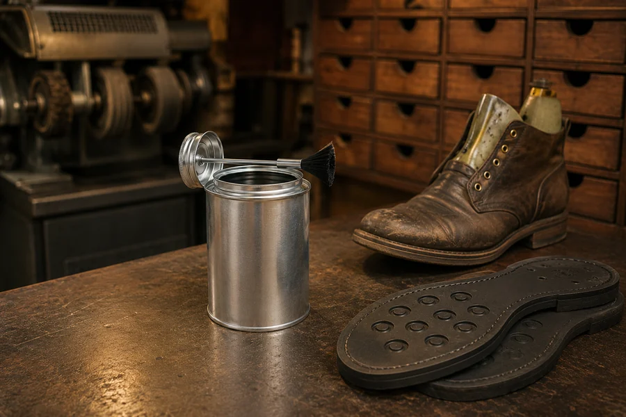 Dauber, Brush-in-Cap & Cone Top Tin Cans in use: Shoe & leather cement