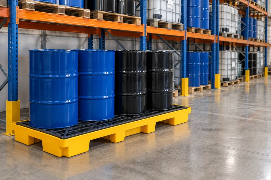 Drum Spill Decks in use: Warehouse drum storage
