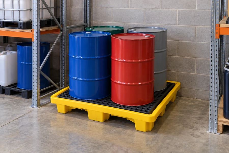 Drum Spill Pallets in use: Bulk chemical storage