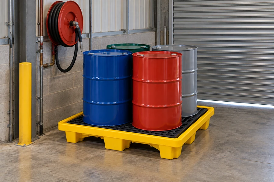 Drum Spill Pallets in use: Fuel & lubricant stores