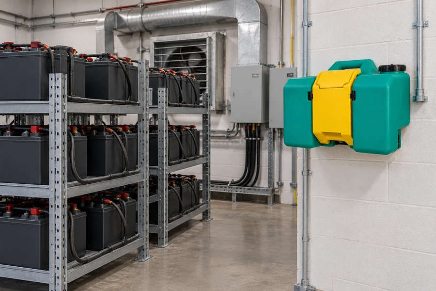 Emergency Eyewash & Safety Showers in use: Battery & plating rooms