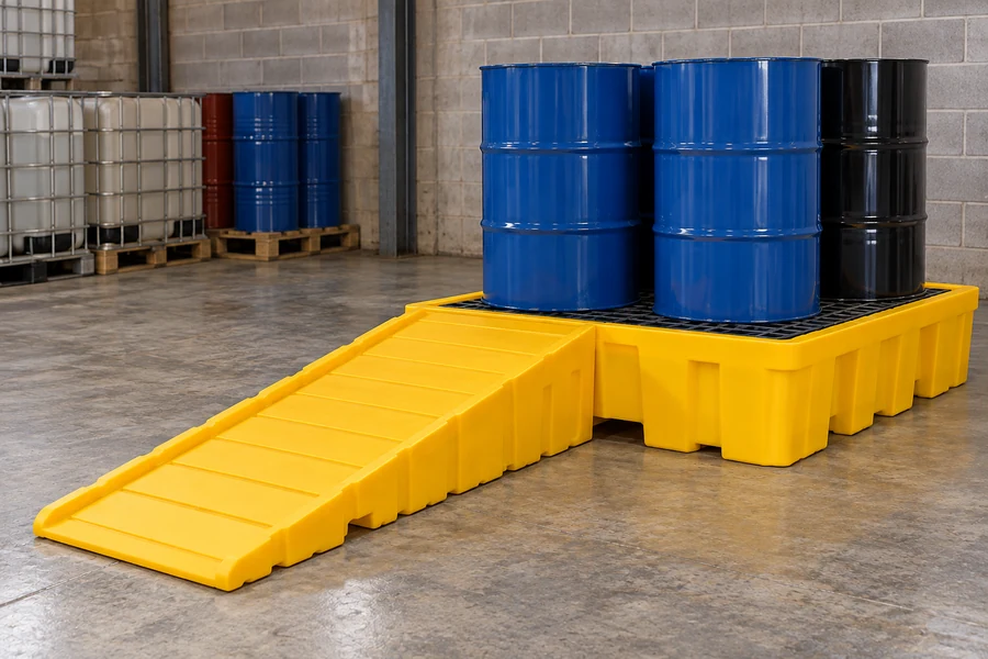 Spill Pallet Ramps in use: Chemical & fuel depots