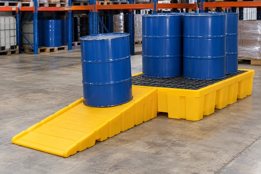 Spill Pallet Ramps in use: Drum stores