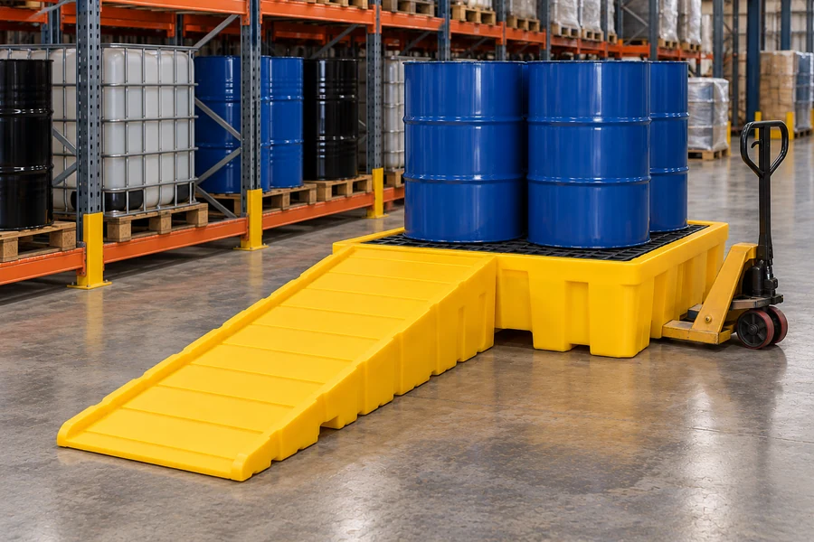 Spill Pallet Ramps in use: Warehouse operations