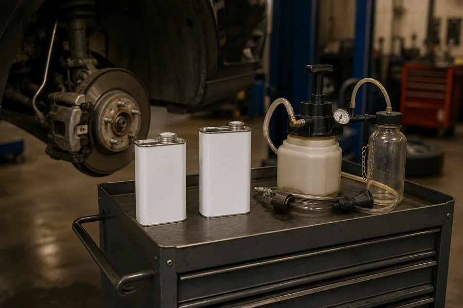 Square Metal Tin Can & Bucket, 250ml to 25L in use: Brake & clutch fluid