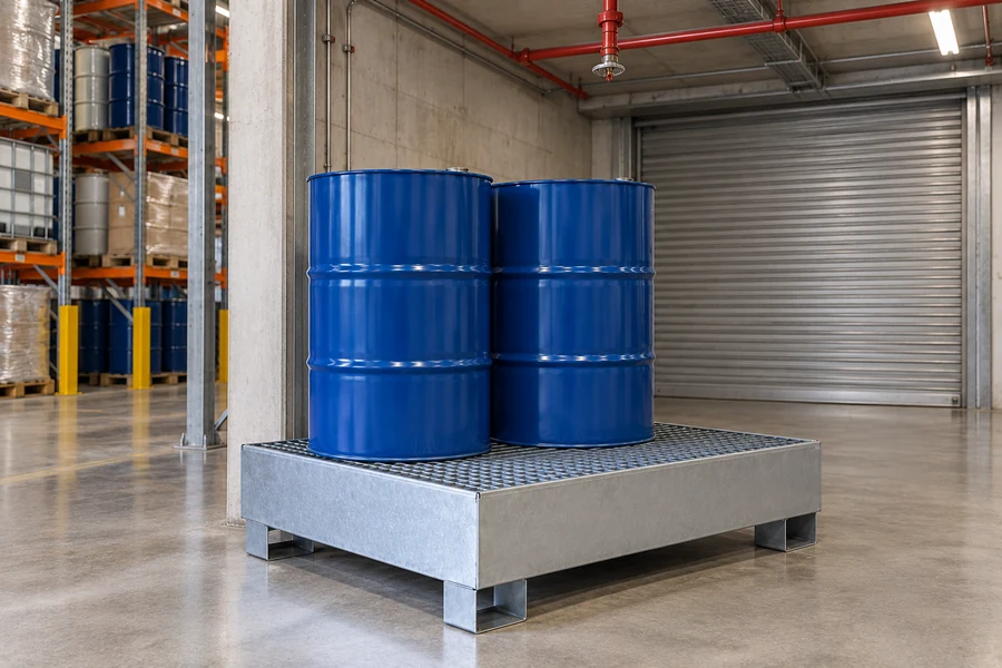 Steel Spill Pallets in use: Fire-assessed warehousing