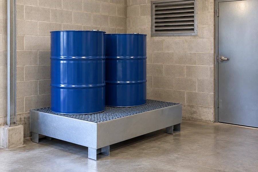 Steel Spill Pallets in use: Flammable liquid stores