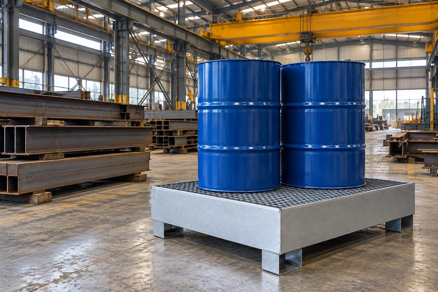 Steel Spill Pallets in use: Heavy engineering
