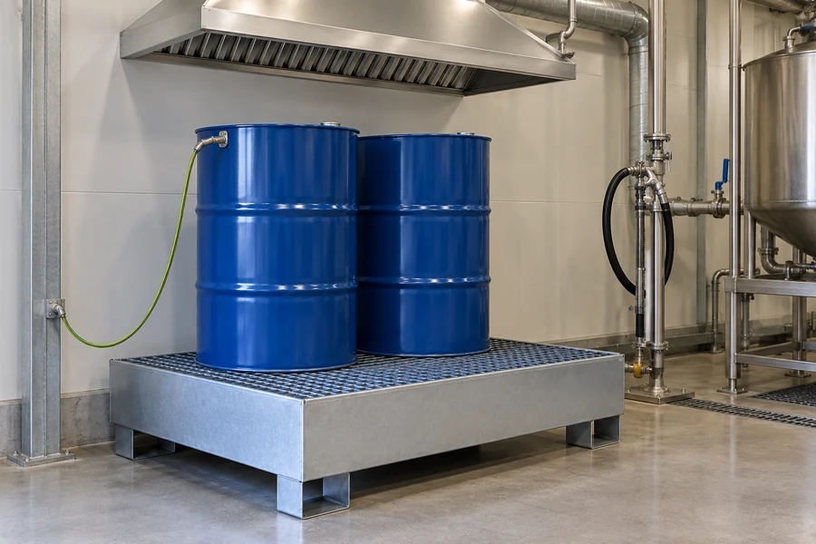 Steel Spill Pallets in use: Solvent handling