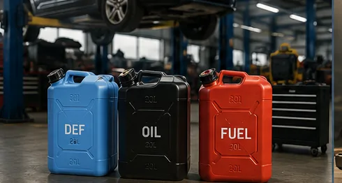 Blue DEF, black oil and red fuel cans in a vehicle workshop