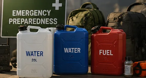 White and blue water cans and a red fuel can in an emergency kit