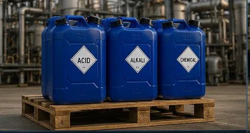 Blue UN-rated HDPE chemical cans on a pallet at an industrial plant