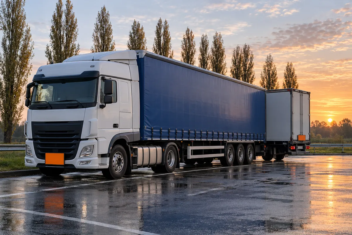 A curtain-sided truck with a blank orange plate at a motorway service area at dawn