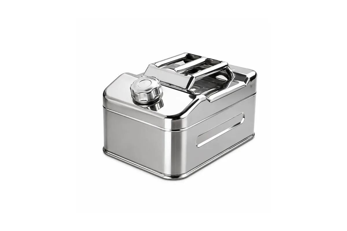 A brushed stainless steel jerry can, cleanable and reusable for years