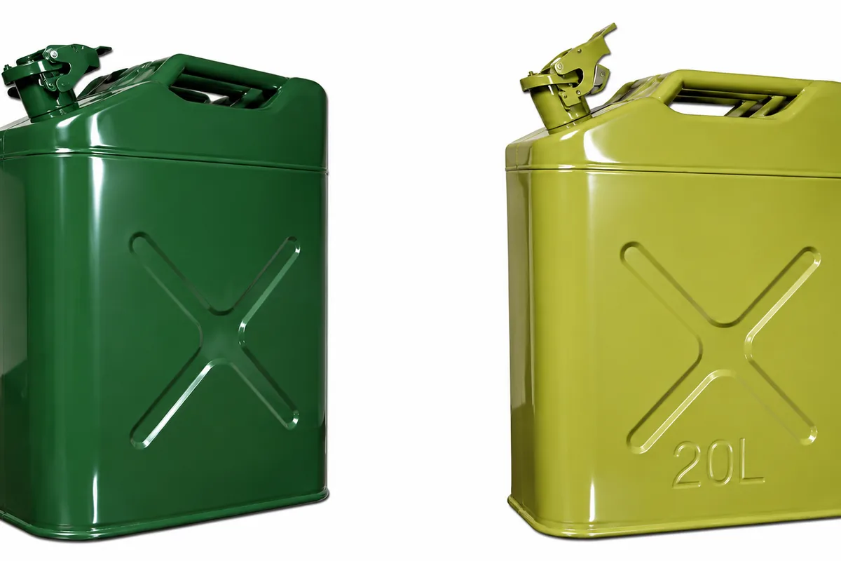 Green and olive military NATO-pattern metal jerry cans