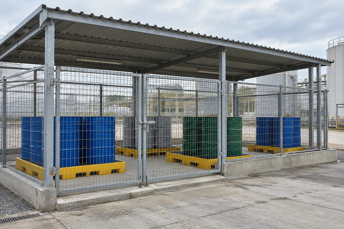 Drums on spill pallets in a fenced, roofed outdoor store