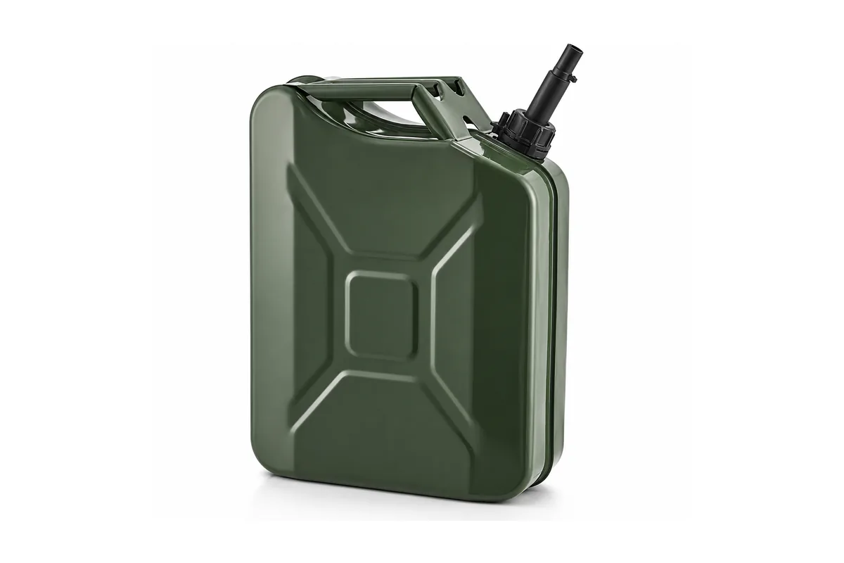 Colour-coded metal fuel containers marked for different fuels
