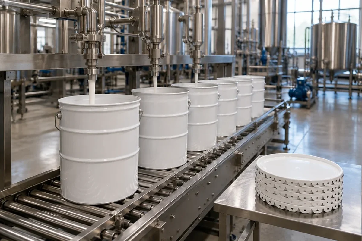 Tinplate pails on a paint filling line
