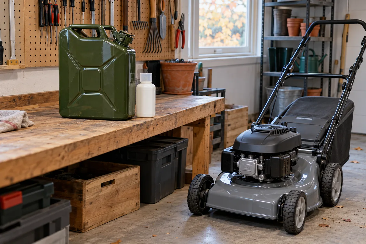 A green steel jerry can and a small bottle of fuel stabiliser on a workbench beside a petrol lawn mower