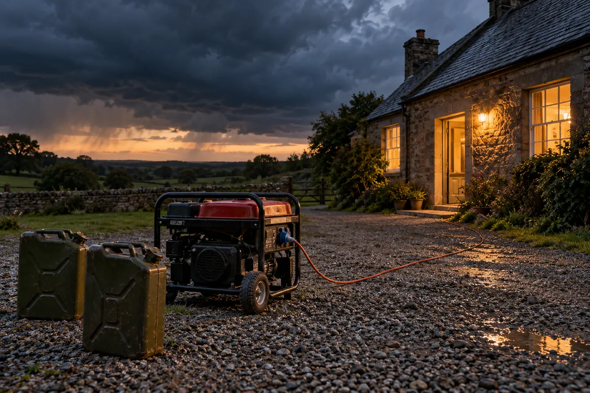 A portable generator outside a farmhouse at dusk with two steel jerry cans nearby