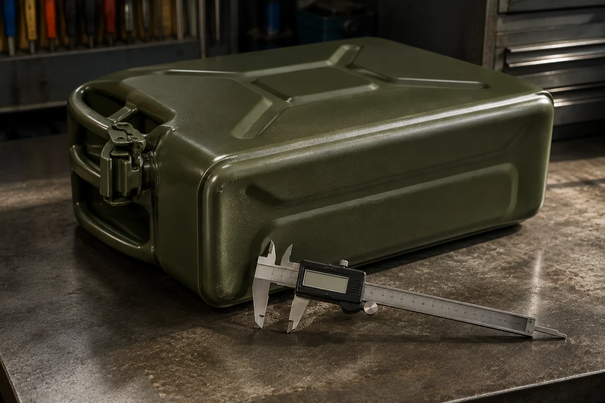 A digital caliper measuring the seam of a military-pattern steel jerry can