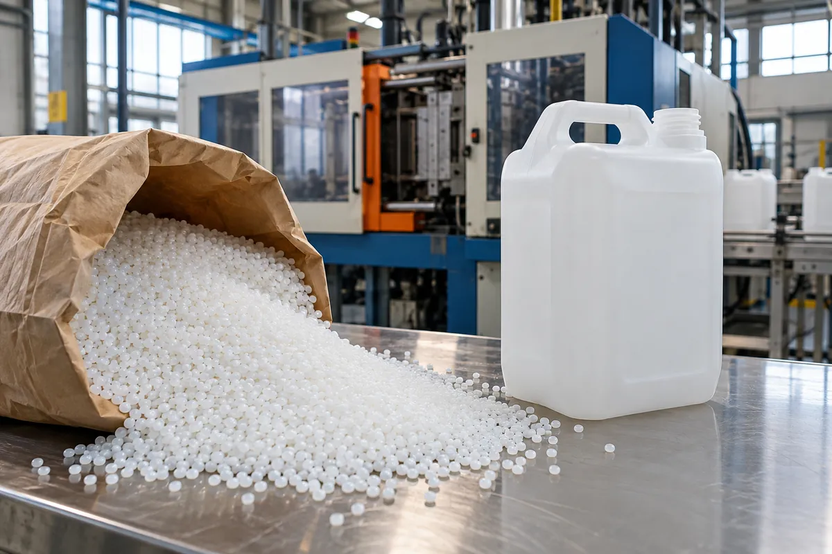 HDPE pellets spilling from a sack beside a blow-moulded white jerrycan