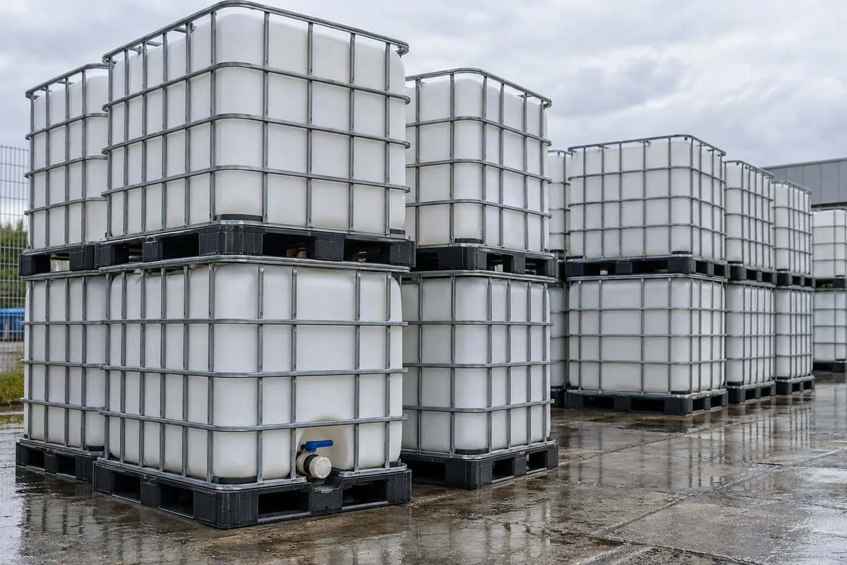White IBC totes in steel cages stacked two high in an outdoor yard