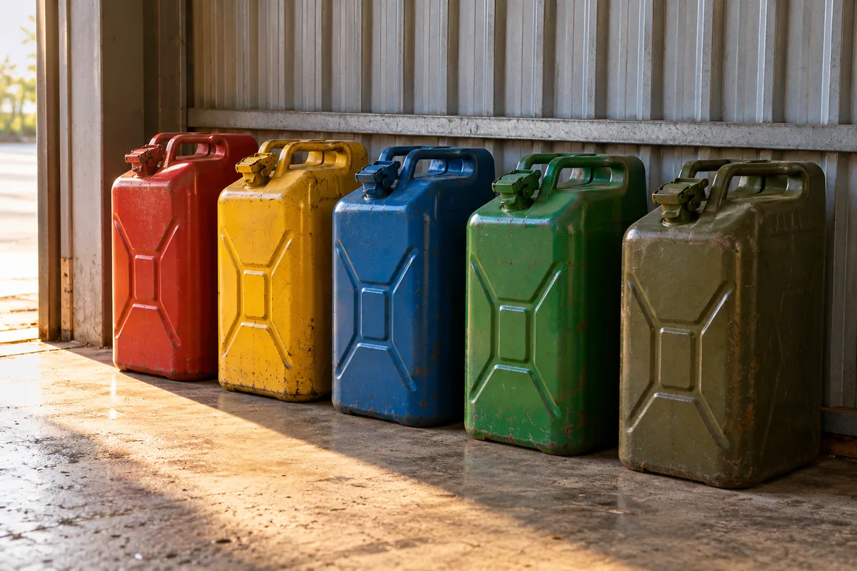 Steel jerry cans in red, yellow, blue, green and olive in a row