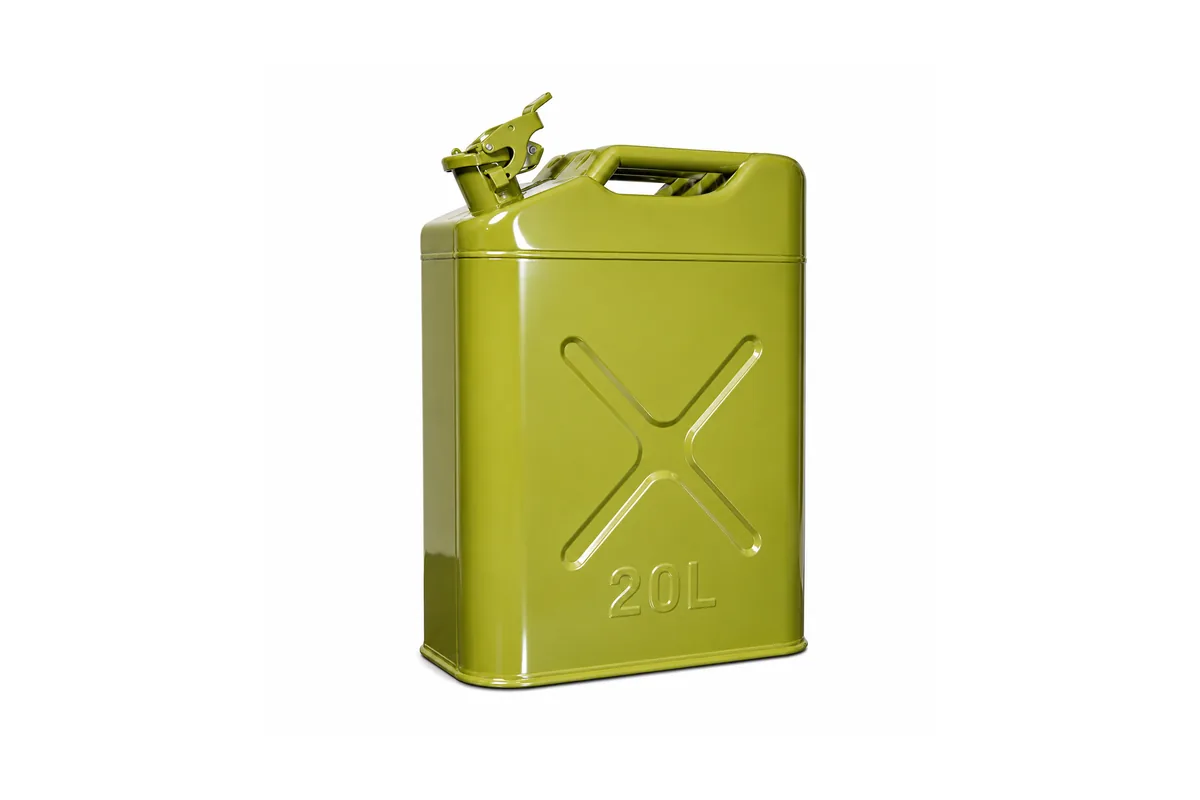 NATO-pattern pressed steel jerry cans showing the three-handle top and recessed sides