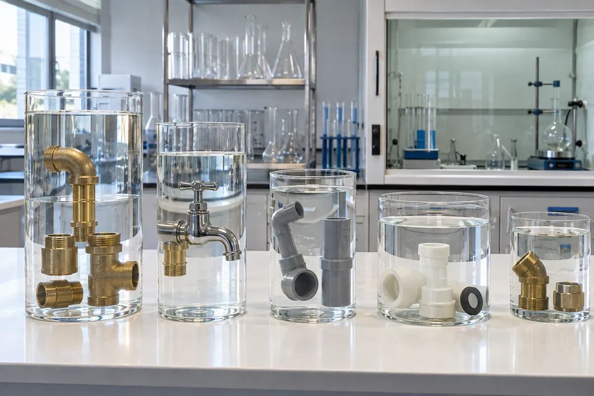 Plumbing fittings submerged in glass vessels of water on a laboratory bench