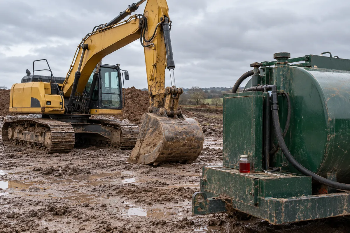 An excavator beside a site fuel bowser with a sample jar of red-dyed diesel