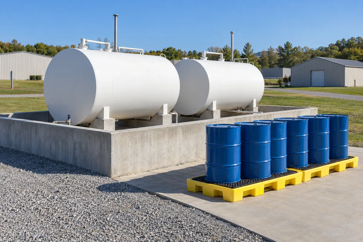 Two aboveground oil tanks inside a concrete dike, with drums on spill pallets in front