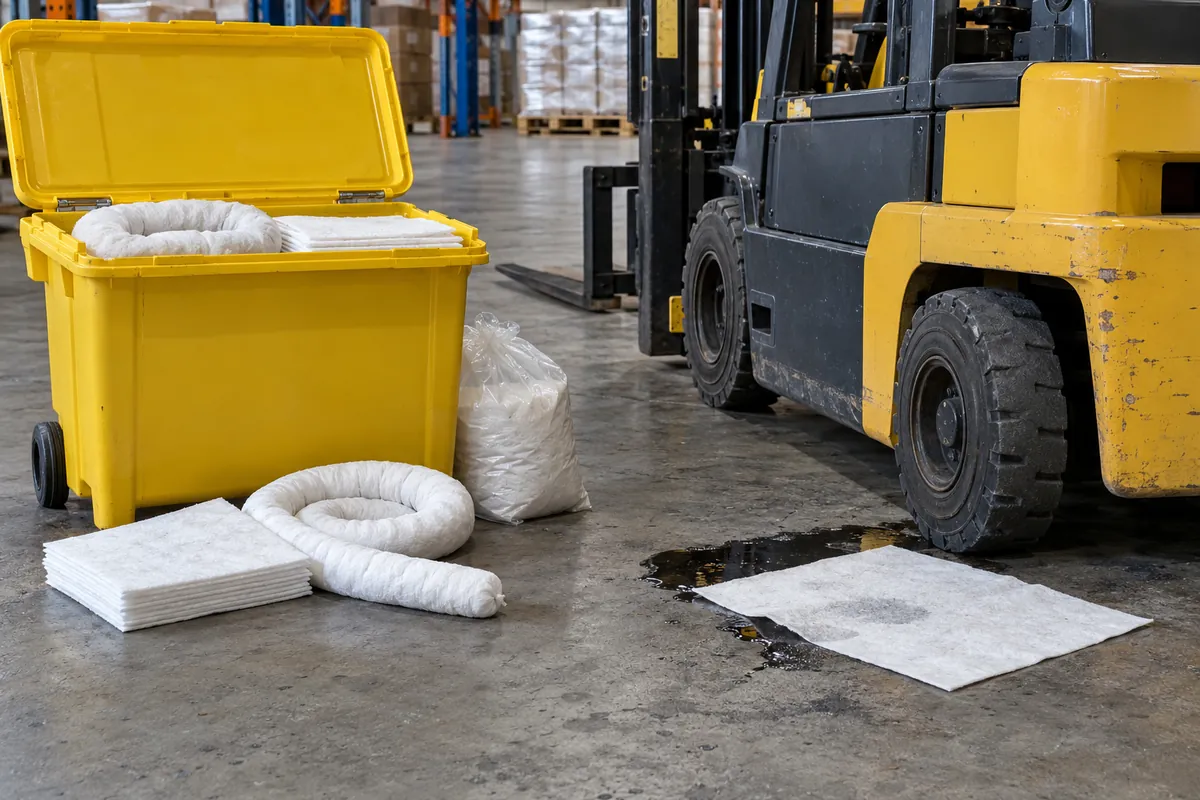 An open spill kit bin with absorbent pads and a boom beside an oil patch near a forklift