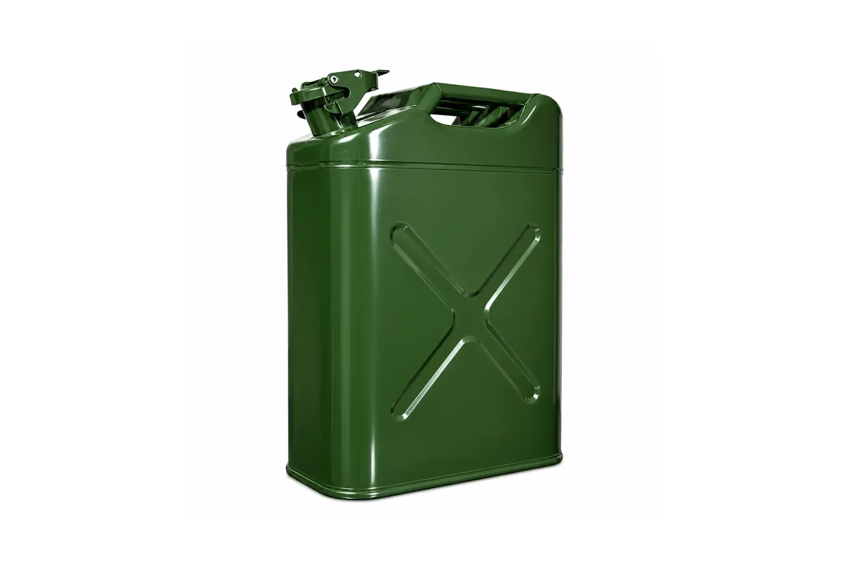 Metal and plastic portable fuel containers side by side
