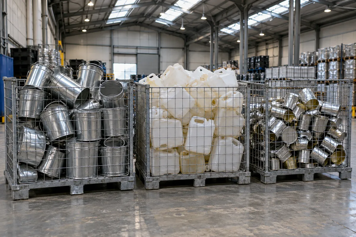 Empty steel pails, plastic jerrycans and tinplate cans sorted into cage pallets by material