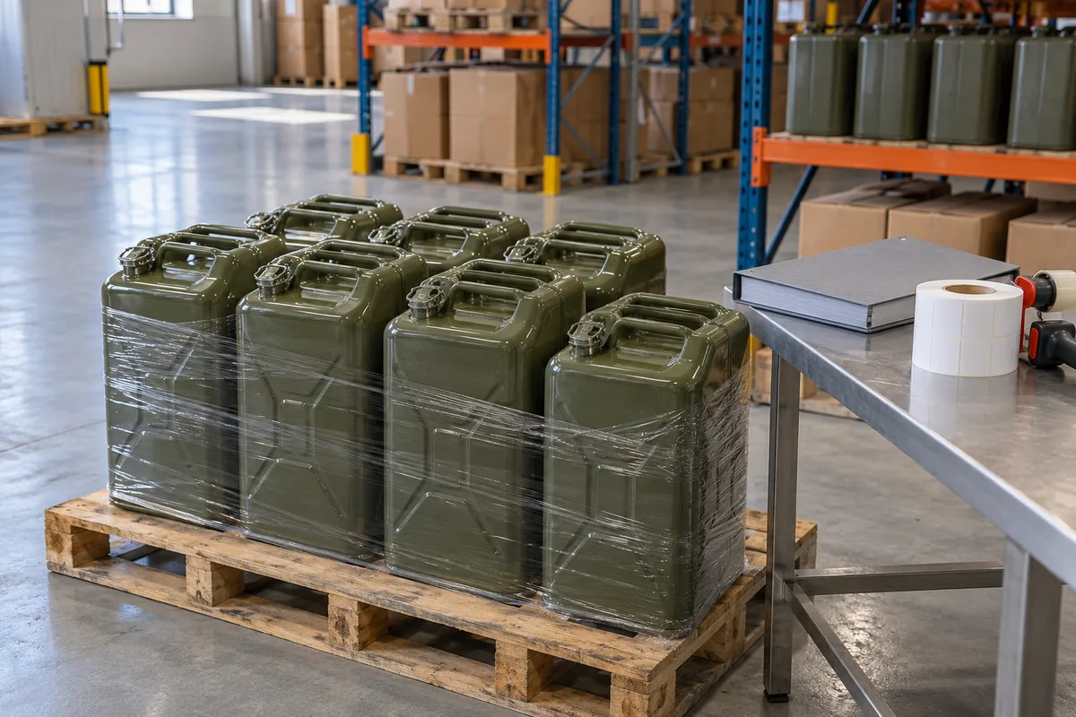 A pallet of sealed olive-green steel jerry cans in stretch film beside a packing bench with a binder and a roll of blank labels